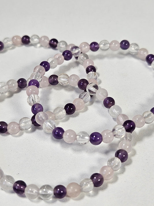 Amethist/bergkristal/rozenkwarts armband 4mm