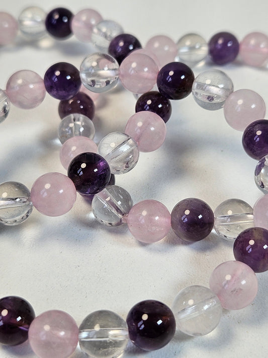 Amethist/rozenkwarts/bergkristal armband 8mm