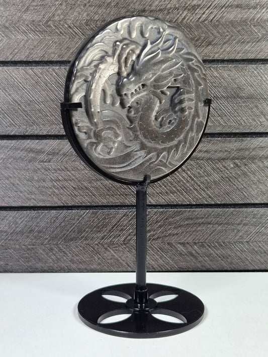 Zilver Obsidiaan Draak op standaard