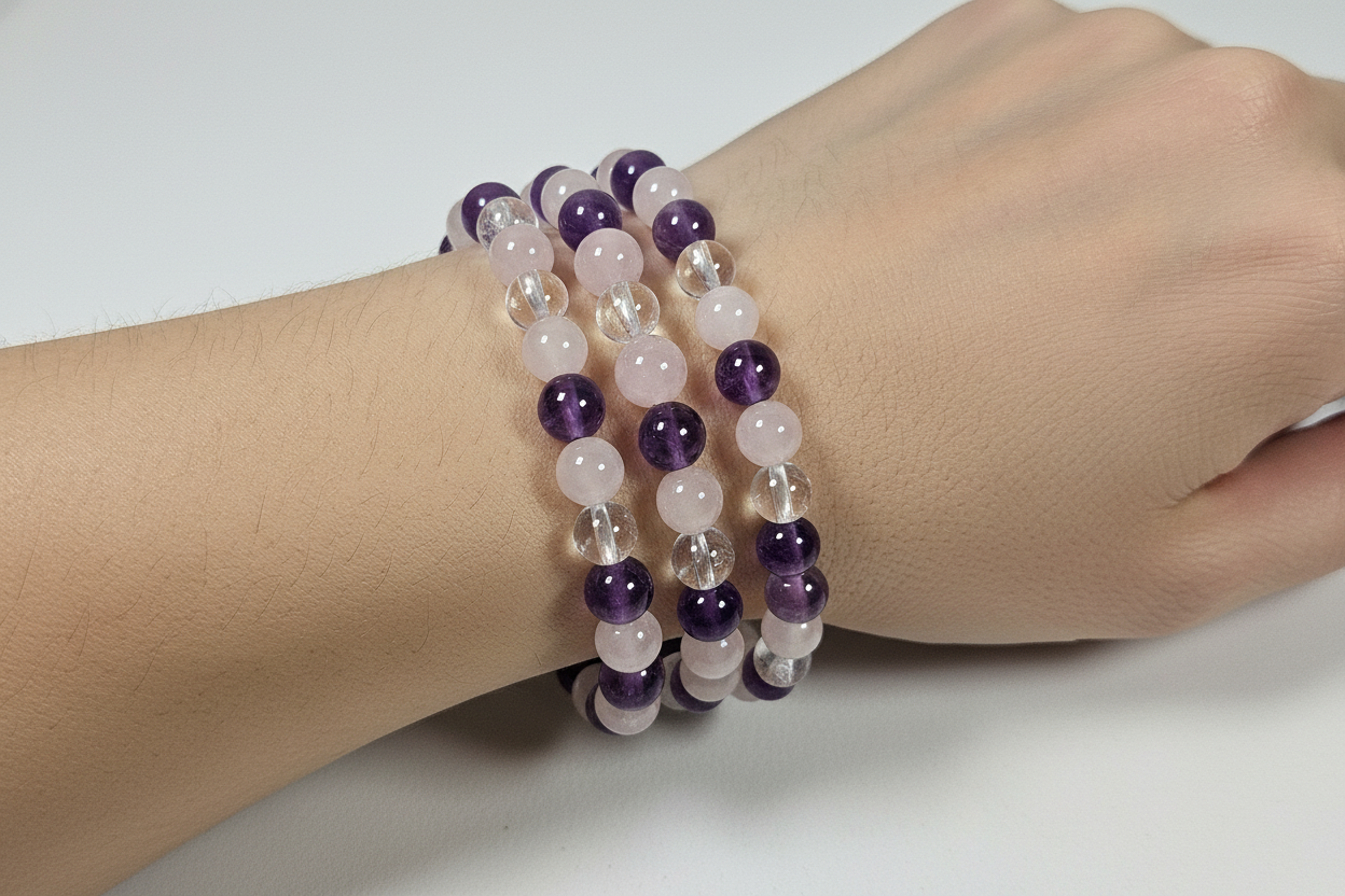Amethist/bergkristal/rozenkwarts armband 6mm