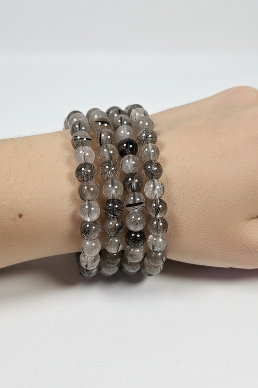 Zwarte toermalijn in kwarts (helder) armband 6mm