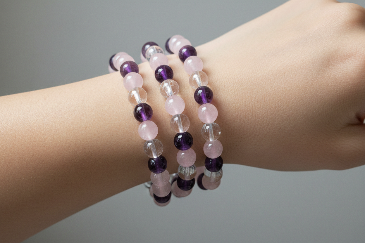 Amethist/Bergkristal/Rozenkwarts armband 8mm