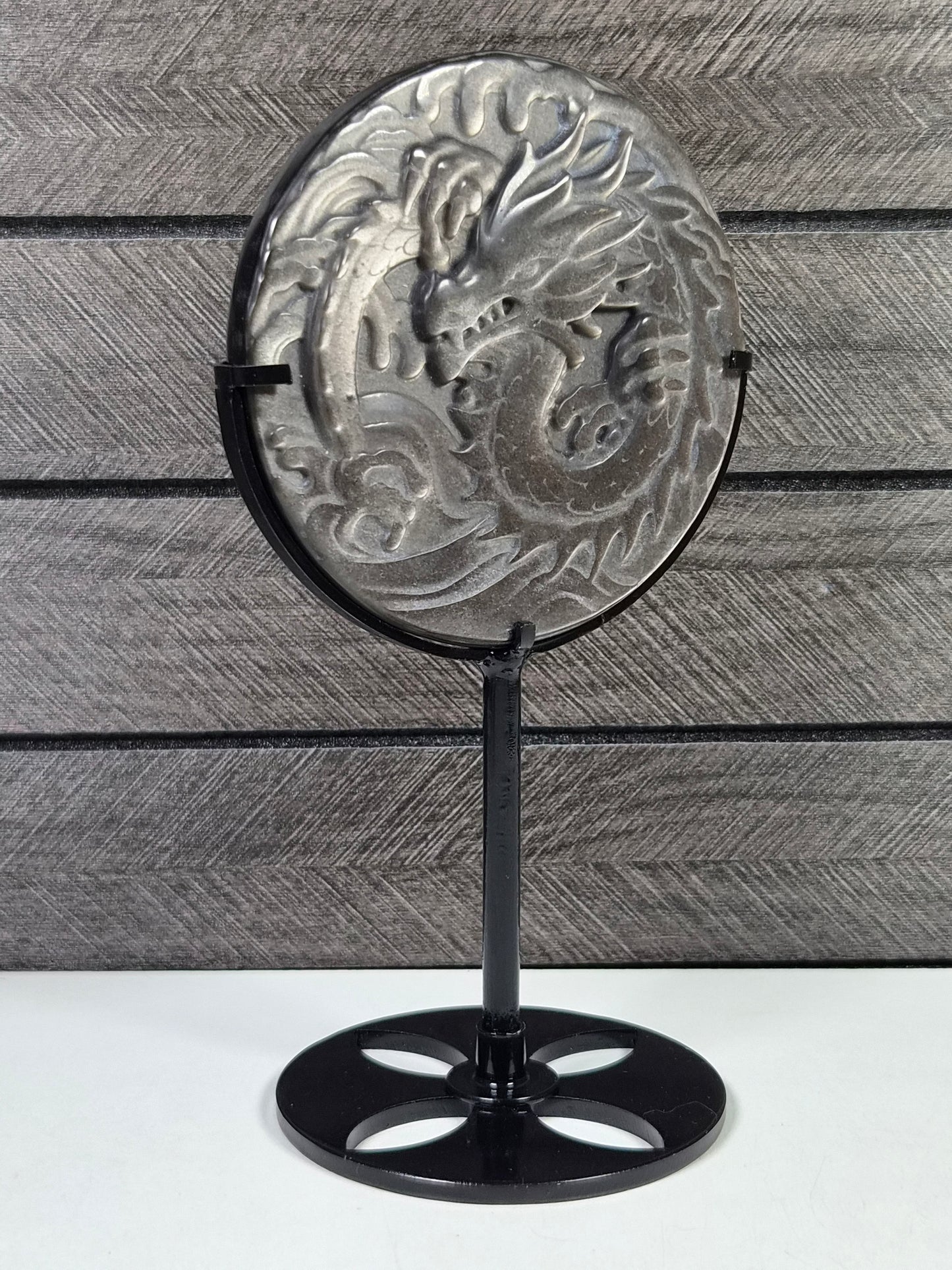Zilver Obsidiaan Draak op standaard
