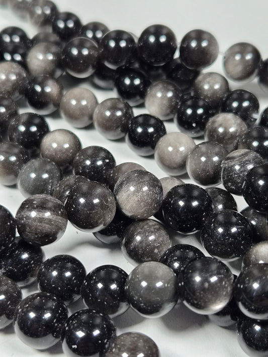 Zilver Obsidiaan kralenstreng 10mm