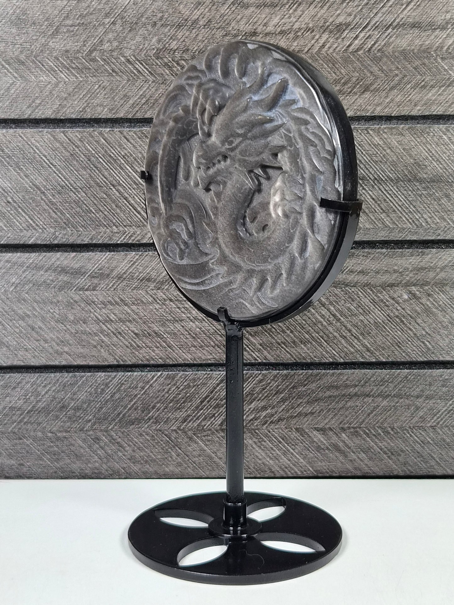 Zilver Obsidiaan Draak op standaard