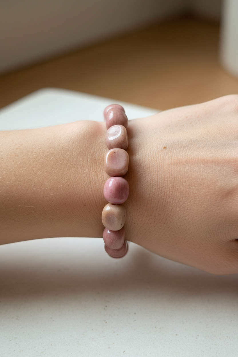Roze Versteend Hout trommelsteen armband 9mm