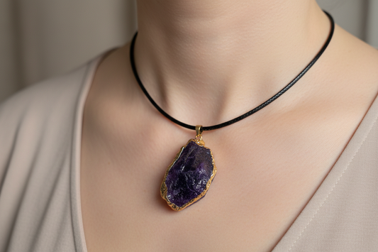 Ruwe Amethist goud hanger met ketting (donker)