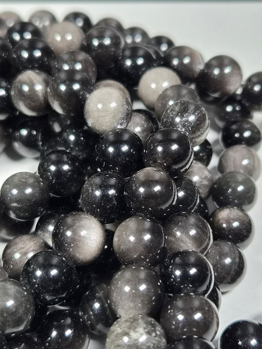 Zilver Obsidiaan kralenstreng 10mm