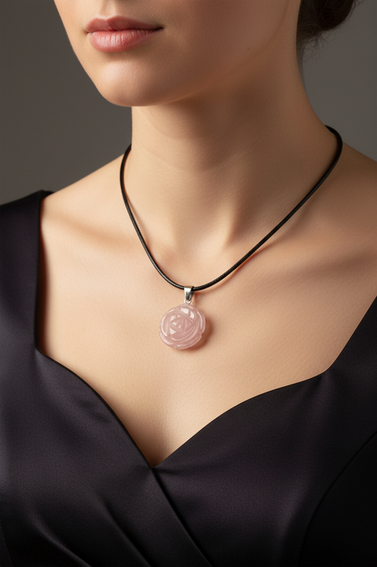 Rozenkwarts roos hanger met ketting