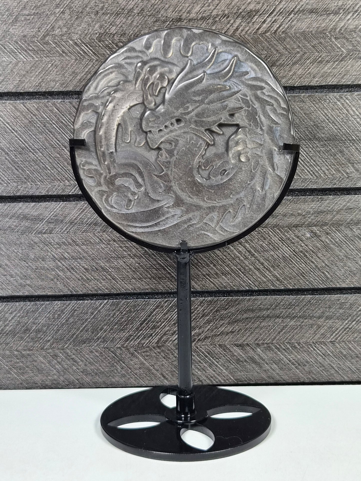 Zilver Obsidiaan Draak op standaard