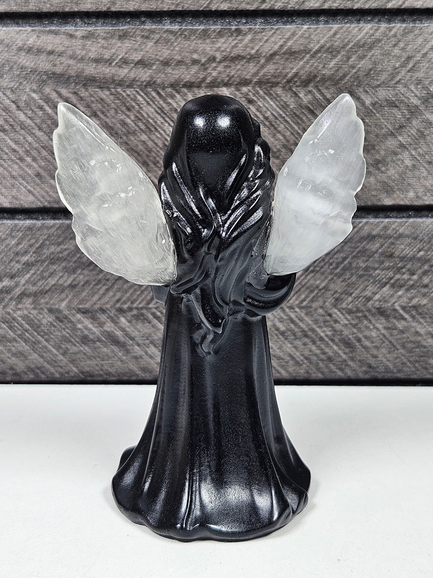 Obsidiaan Engel met Seleniet Vleugels